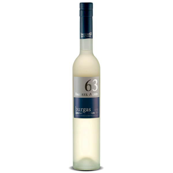 BURGAS 63 Branntwein Barrel Aged, 500 ml, 40% vol., premium bulgarischer Rakia aus Muscat Ottonel Trauben, über 3 Jahre in Eichenfässern gereift, mit subtiler Muskatnote, Eichenaromen und weichem, elegantem Geschmack, ideal als Aperitif oder Digestif.