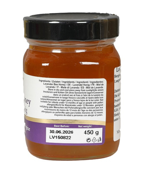 Bulgarien Bee, Lavendelhonig BIO 450 g – Bio-Lavendelhonig aus Bulgarien, 100 % naturbelassen. Aromatisch-blumiger Geschmack, reich an natürlichen Enzymen und Nährstoffen; ideal zum Süßen von Tee, Joghurt oder als Brotaufstrich.