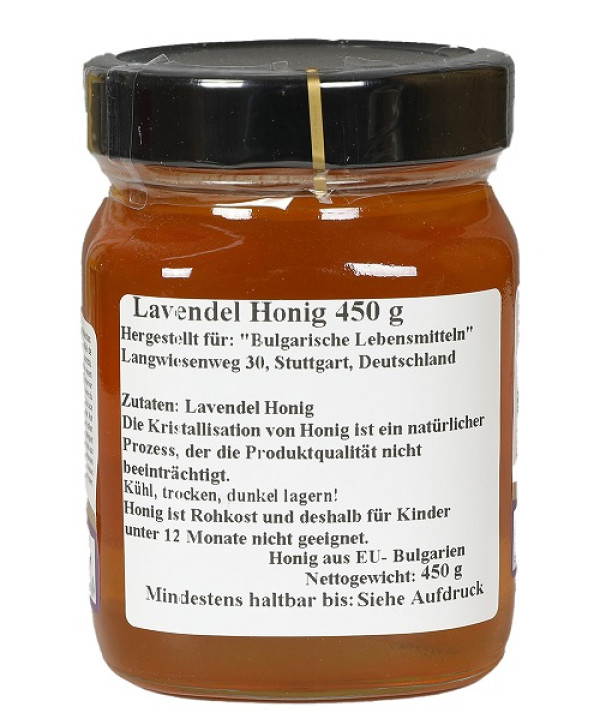 Bulgarien Bee, Lavendelhonig BIO 450 g – Bio-Lavendelhonig aus Bulgarien, 100 % naturbelassen. Aromatisch-blumiger Geschmack, reich an natürlichen Enzymen und Nährstoffen; ideal zum Süßen von Tee, Joghurt oder als Brotaufstrich.