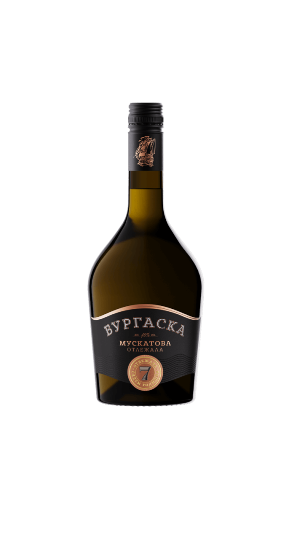 Burgas Muskat - 7 Jahre alt Branntwein, 40% vol., 500 ml, bulgarischer Traubenbranntwein aus Muskat-Ottonel-Trauben, sieben Jahre in Eichenfässern gereift. Er besticht durch ein komplexes Aroma mit Noten von reifer Birne, Pfirsich, Vanille und einem feinen Muskatduft, der an das bulgarische Rosental erinnert. Der Geschmack ist weich, harmonisch und langanhaltend, ideal pur oder als Digestif nach einem Essen.