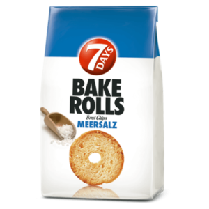 7 DAYS Bake Rolls Salz, 80 g – knusprige, doppelt gebackene Brotscheiben mit feiner Salz-Note, ideal als Snack für zwischendurch oder zum Dippen.