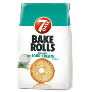 7 DAYS Bake Rolls Sour Cream, 80 g – knusprige, doppelt gebackene Brotscheiben mit cremigem Sauerrahmgeschmack, perfekt als Snack zwischendurch oder zum Dippen.