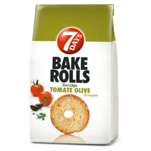 7 DAYS Bake Rolls Tomato & Olive, 80 g – knusprige, doppelt gebackene Brotscheiben mit intensivem Tomaten- und Olivengeschmack, ideal als herzhafter Snack oder zum Dippen.