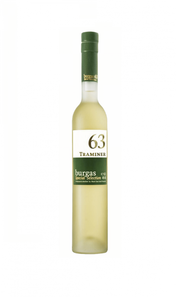 BURGAS 63, Traminer Branntwein, 40% vol., 500 ml, ist ein Super-Premium-Traubenbrand aus der Traminer-Weinsorte, der mindestens fünf Jahre in Eichenfässern gereift ist. Er besticht durch reichhaltige, explosive Aromen mit floralen Noten von Rosenblättern, Liichi und Honig, ergänzt durch eine sanfte Vanille- und Gewürznote. Der Geschmack ist harmonisch, elegant und langanhaltend mit einem glatten Abgang. Dieser Branntwein eignet sich besonders gut als Digestif oder für feierliche Anlässe und wurde international mehrfach ausgezeichnet.