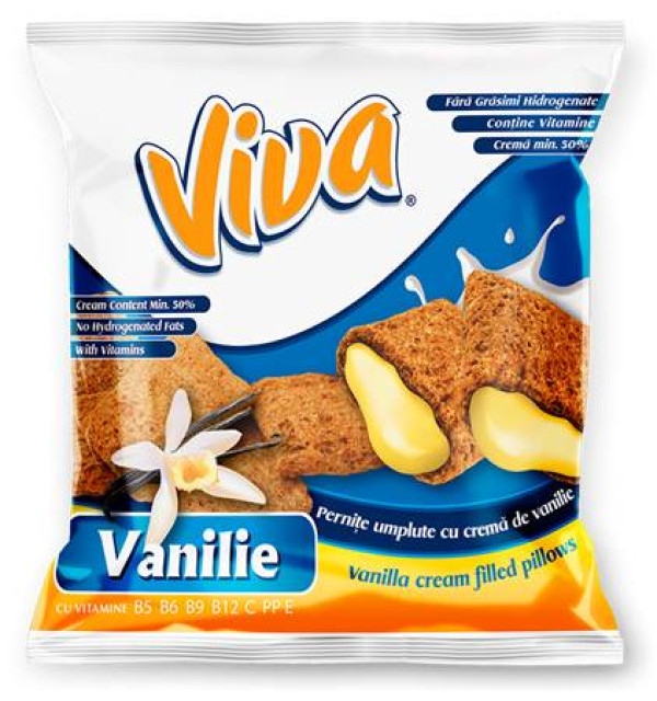 Viva Knusperkissen mit Vanille, goldbraun gebacken und gefüllt mit feiner Vanillecreme, knusprig-süß als Snack oder zum Kaffee.