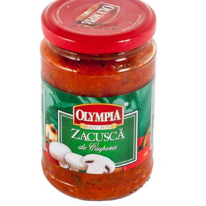 Zacusca de Ciuperci Gemüsezubereitung mit Pilzen 300g, cremiger Gemüseaufstrich aus mindestens 45% gebackenen Auberginen, Tomaten, gerösteter Paprika, Zwiebeln, Karotten und 5% Champignons, verfeinert mit Sonnenblumenöl und Gewürzen, ideal als Brotaufstrich oder Beilage.