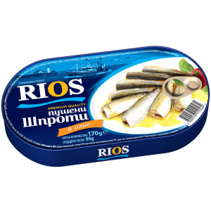 RIOS, Geräucherter Sprotten in Öl 170 g – Zarte, geräucherte Sprotten in hochwertigem Pflanzenöl, ideal als Snack oder für herzhafte Gerichte.