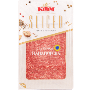 Lukanka Panagurska KFM Slajs – dünn geschnittene traditionelle bulgarische Trockenwurst in Verpackung.