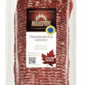 Molerite Panagurska Lukanka – traditionelle bulgarische luftgetrocknete Wurst in Verpackung.