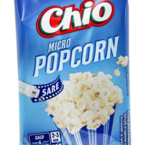 The image shows a blue package of Chio Micro Popcorn. The packaging features the brand name Chio prominently at the top in a white, red, and green design. Below it, Micro Popcorn is written in large white letters. The flavor indicated is Sare, which means salted. There's an illustration of a bowl