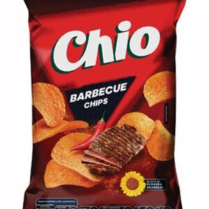 The image shows a red packet of Chio Barbecue Chips. The design features images of potato chips and a slice of grilled meat with seasoning. There's also a chili pepper and a sunflower icon indicating sunflower oil is used. The Chio brand name is prominently displayed at the top with Barbecue Chips written below. Various nutritional information is