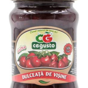 The image shows a glass jar with a gold lid, containing a dark red preserve. The label displays the brand Cegusto and the product name Dulceață de vișine, which translates to sour cherry jam. The label features an image of cherries with leaves and a note indicating the product is extra with