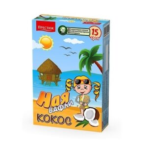 The package is a colorful box with a beach-themed design. It shows a cartoon girl with pigtails, wearing sunglasses, holding a wafer. There's a palm tree, a coconut, and a straw hut in the background, set against a blue sky with sun and clouds. The text is in a Cyrillic script and includes the word КОКО