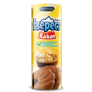 The image features a cylindrical container with a bright yellow and white design. At the top, there is a logo labeled Pobeda. Below it, the word Еверест is prominently displayed in blue, with an illustration of a mountain peak. Beneath this, the word Какао is written in red within a bordered