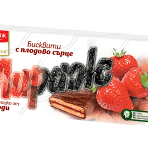 The image is of a packaging for a product called Мираж, made by Prestige. The packaging prominently features strawberries,