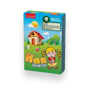 The image shows a colorful package of Ная Вафли (Naya Wafers) from the brand Престиж (Prestige). The design includes a cartoon-style illustration of a small house in a bright, grassy field with flowers, a tree, and a sun in the background. In the foreground, there’s a