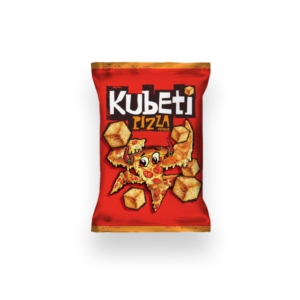 The image shows a red bag of Kubeti snack with a pizza flavor. The design features a cartoon character made of pizza slices, surrounded by several cube-shaped snacks. The word Kubeti is prominently displayed at the top, with pizza flavour written beneath it. The overall packaging is colorful and playful, aimed at attracting attention.