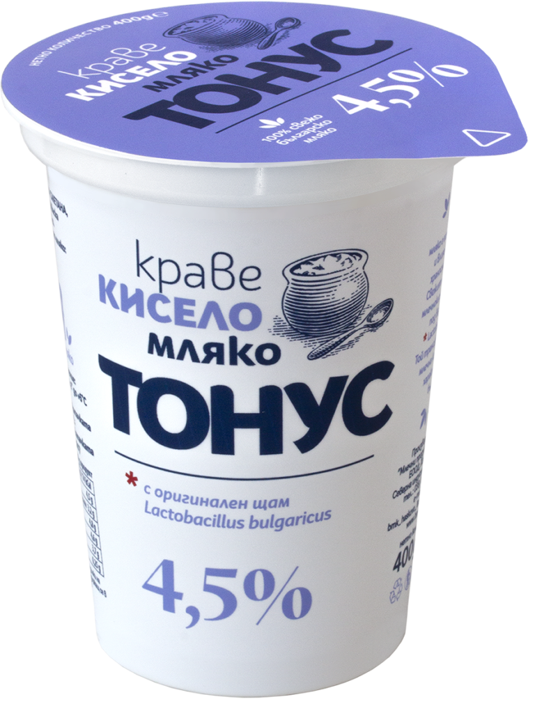 This is an image of a yogurt container. The container is white with a purple lid and features Cyrillic text prominently. The largest text on the packaging reads Тонус, indicating the brand or product name. There's also text that specifies 4.5%, likely referring to the fat content. An illustration of a bowl of yogurt with a spoon is present. Additionally, the text mentions Lactobacillus bulgaricus, a type of bacteria commonly found in yogurt. The container's volume is indicated as 400g.