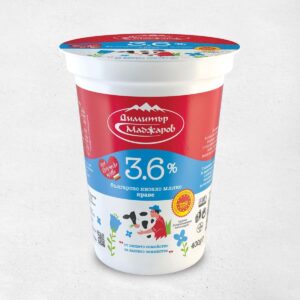 The image shows a container of Bulgarian yogurt with a 3.6% fat content. The packaging features a red and blue color scheme. The red area displays the brand's logo, while the blue section prominently highlights 3.6%. Below, there are illustrations of a farmer with a cow and various flowers. Several certifications and labels are visible, indicating quality standards. The container is a 400g size.