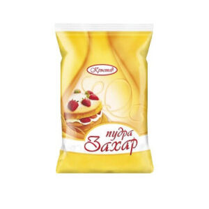The image shows a package of powdered sugar. The packaging is predominantly yellow with an illustration of a dessert topped with powdered sugar and strawberries. There is Cyrillic writing on the package, with the words пудра Захар. A logo is also present near the top.