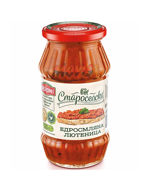 The image shows a jar of lutenitsa, a traditional Balkan spread, under the brand Veroni. The glass jar is sealed with a red lid featuring a safety button. The label on the jar has a depiction of the spread on a piece of bread, and the text appears in Cyrillic script. The jar contains 520 grams of the product, and there are several logos indicating quality or possibly certifications on the label. The spread inside is red and chunky, indicating a thick texture with visible ingredients.