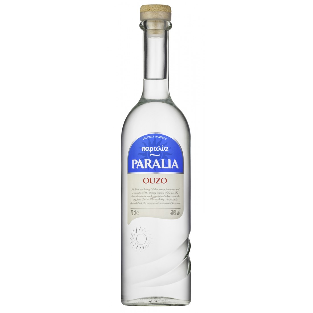 The image shows a tall, clear glass bottle of Paralia Ouzo. The bottle has a straight neck with a cork stopper. The label is primarily blue and white, featuring the text Paralia prominently in blue and OUZO in red below it. The label also includes Product of Greece. The bottle is 700 ml with an alcohol volume of 40%. The design is sleek with subtle swirl patterns near the base and a small sun icon.