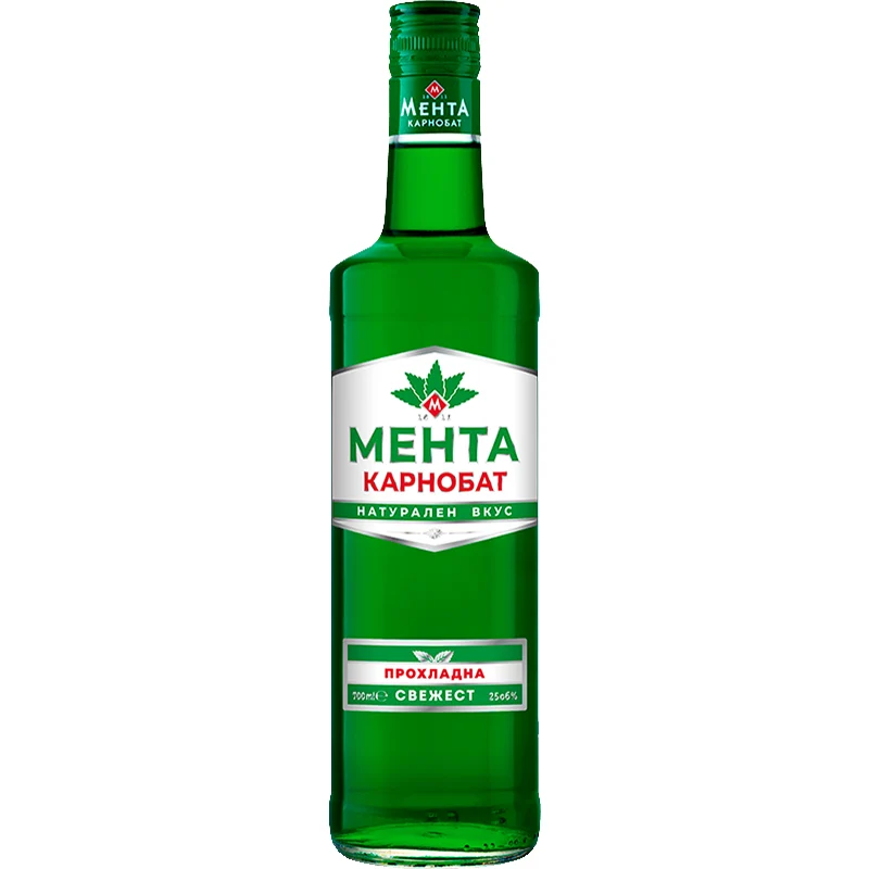 The image shows a green bottle labeled with Cyrillic text. The label features a mint leaf design and mainly uses green, red, and white colors. The bottle has text describing its flavor as natural, along with mentions of Карнобат and a percentage of 25.6%. It suggests the bottle contains a mint-flavored beverage.