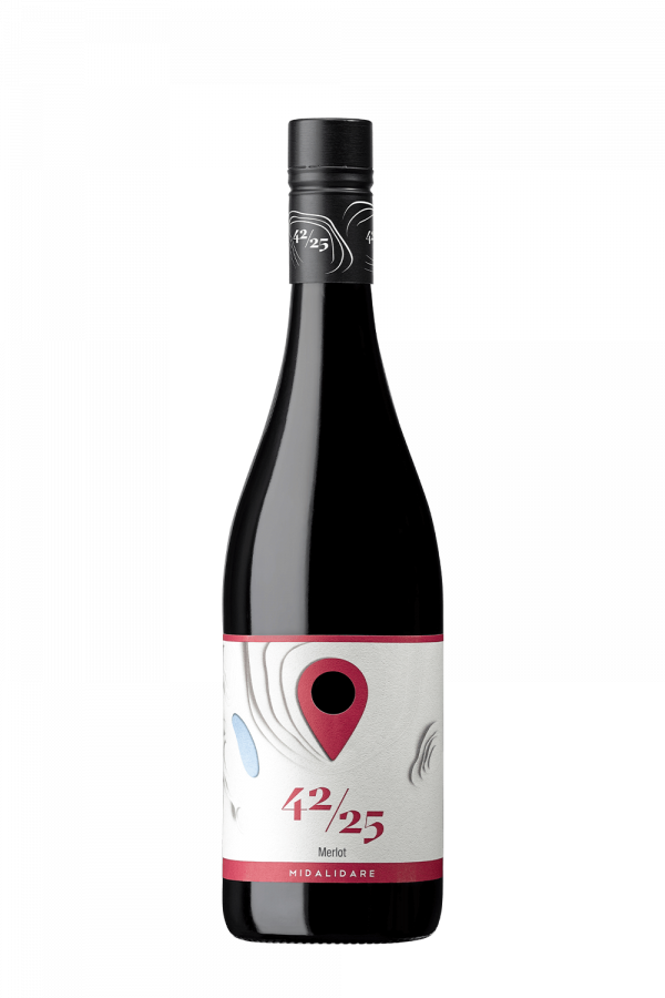 The image shows a wine bottle with a modern design. The bottle has a dark, reflective finish and a black screw cap. The label is predominantly white with a red design element that looks like a location pin with a black circle inside. This is surrounded by abstract contour lines in gray. The numbers 42/25 are printed in red beneath the pin, with the word Merlot underneath. At the bottom of the label, there's a red strip with the word MIDALIDARE in white.