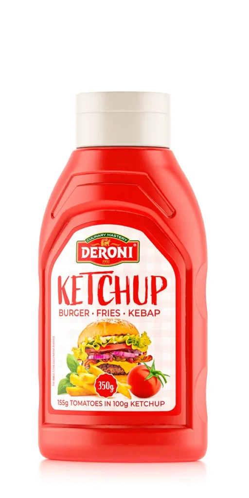 The image is of a red plastic ketchup bottle with a white cap. The label reads Deroni and Ketchup in bold letters. It also mentions Burger, Fries, Kebab as suggested uses. The label includes an image of a hamburger with fries and tomatoes. The bottle is 350g and states 155g tomatoes in 100g ketchup.