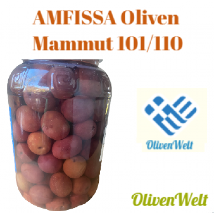 The image showcases a jar filled with Amfissa olives labeled Mammut 101/110. The olives inside the jar are dark red and packed in liquid. Above the jar, the text reads AMFISSA Oliven Mammut 101/110 in bold orange lettering. Additionally, the logo and name OlivenWelt appear in blue and green on the right side of the image.