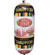 The image shows a packaged sausage. The packaging features text in a Cyrillic script and displays an image of sliced meat. The design includes a colorful rectangular pattern, a logo in the center with red and yellow elements, and a predominantly black and white color scheme.