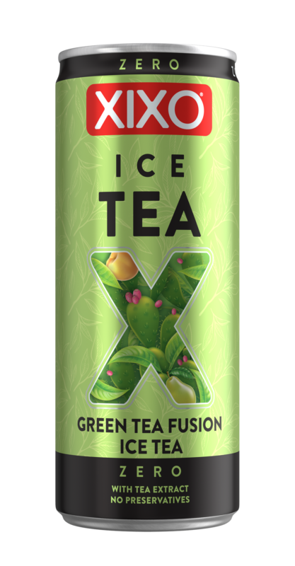 The image is of a can of XIXO Ice Tea. The design features a prominent red and white XIXO logo at the top on a light green background with leaf patterns. Beneath the logo, it says ICE TEA in bold black letters. Below that, it reads GREEN TEA FUSION ICE TEA and ZERO. There's an X shape with an image of fruits and tea leaves inside. At the bottom, it states WITH TEA EXTRACT NO PRESERVATIVES on a black band. The overall color scheme is green with black accents.