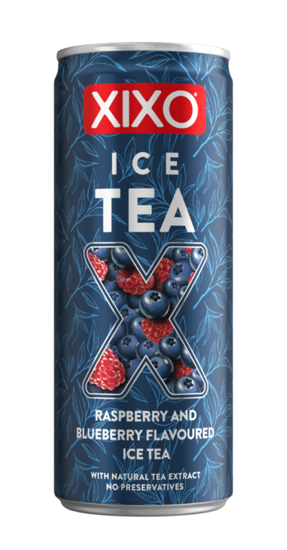 The image shows a can of XIXO Ice Tea. The can has a dark blue background with leaf patterns. At the top, there's a red rectangular logo with XIXO in bold white letters. Below, ICE TEA is written in large white font. The central design features a large X filled with images of raspberries and blueberries. At the bottom, it states RASPBERRY AND BLUEBERRY FLAVOURED ICE TEA in white, along with WITH NATURAL TEA EXTRACT and NO PRESERVATIVES in smaller font.