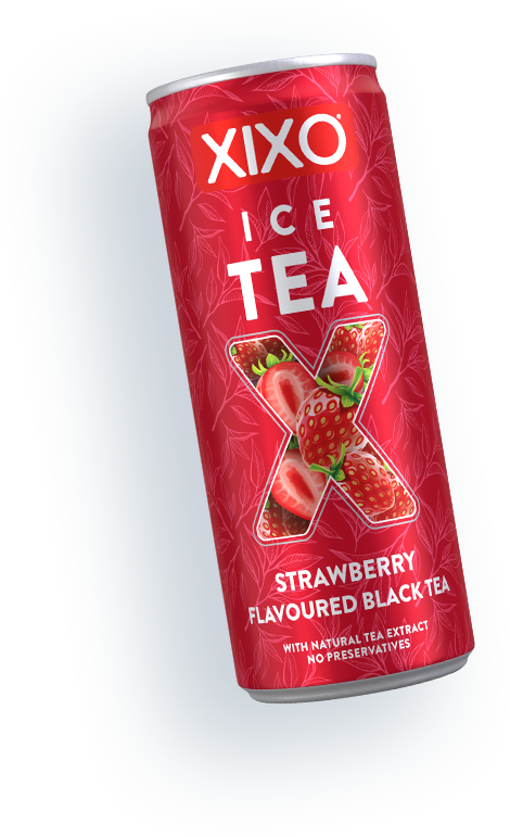 The image shows a cylindrical can of XIXO Ice Tea leaning at an angle. The can is predominantly red with a pattern of leaves in a slightly darker shade. The brand name XIXO is displayed prominently in large white letters near the top. Below that, the words ICE TEA are also in bold white letters. There's a large letter X on the can, filled with images of strawberries, indicating the flavor. At the bottom, it states STRAWBERRY FLAVOURED BLACK TEA in white text. Additional information, WITH NATURAL TEA EXTRACT NO PRESERVATIVES, is written in smaller white font towards the bottom. The can has a silver rim at the top and bottom.