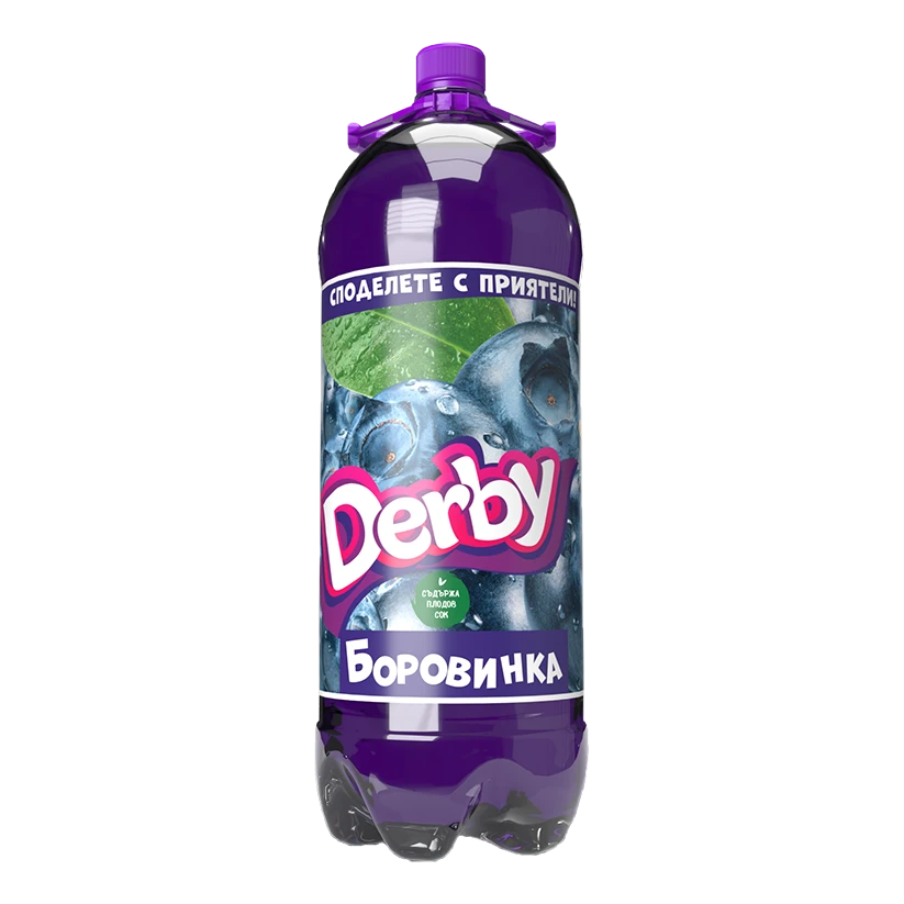 The image shows a bottle of Derby blueberry-flavored beverage. The bottle is primarily purple, with a label featuring images of blueberries and a green leaf. The brand name Derby is prominently displayed in bold, pink and white letters. Text written in Cyrillic suggests this is a product for a market where Cyrillic is used.