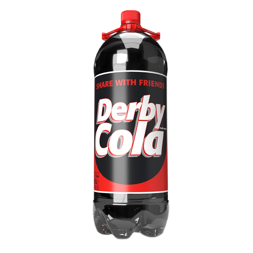 The image shows a large plastic bottle of Derby Cola. The label is predominantly black and red, featuring the text Derby Cola in bold white letters with red outlines. Above the main logo, the phrase SHARE WITH FRIENDS is written in red. The bottle cap is red, and the design suggests a carbonated beverage.
