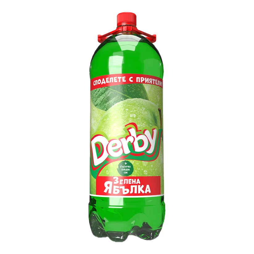 The image shows a green plastic bottle of Derby, a soft drink. The label features a large image of green apples, with the brand name Derby prominently displayed in bold lettering. The label includes red and white accents, with text in a Slavic script. The bottle has a red cap and is filled with a green-colored beverage.