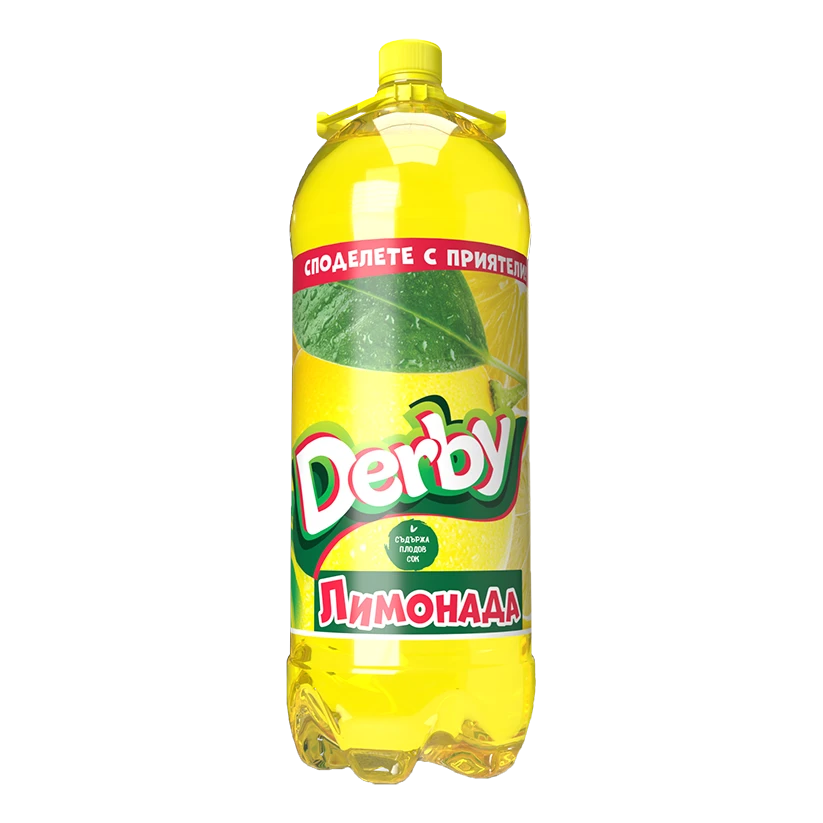 The image shows a clear plastic bottle filled with a bright yellow liquid, likely lemon-flavored. The label is predominantly yellow and green with a lemon graphic. The product name Derby is prominently displayed in white and red letters. Above the logo, there's a red band with white text in Cyrillic script. A yellow cap tops the bottle.