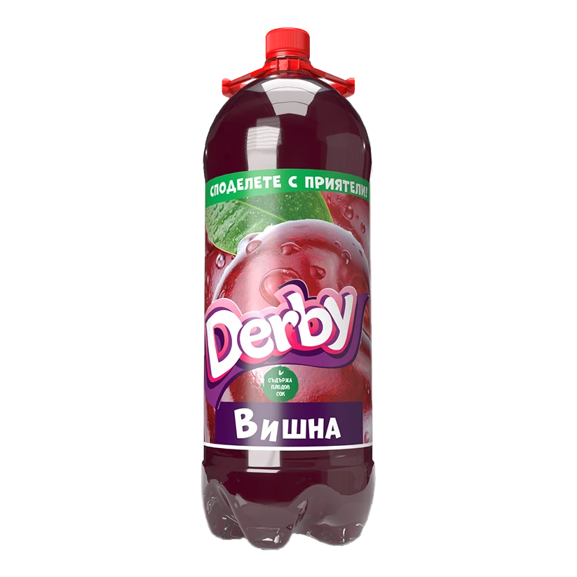 This image shows a plastic bottle of Derby cherry juice. The bottle has a red cap and a label featuring a large image of cherries with visible water droplets. The brand name Derby is prominently displayed in bold, colorful letters. The label also includes text in another language, indicating the flavor as cherry. The overall design of the bottle is vibrant and emphasizes the fruit flavor.