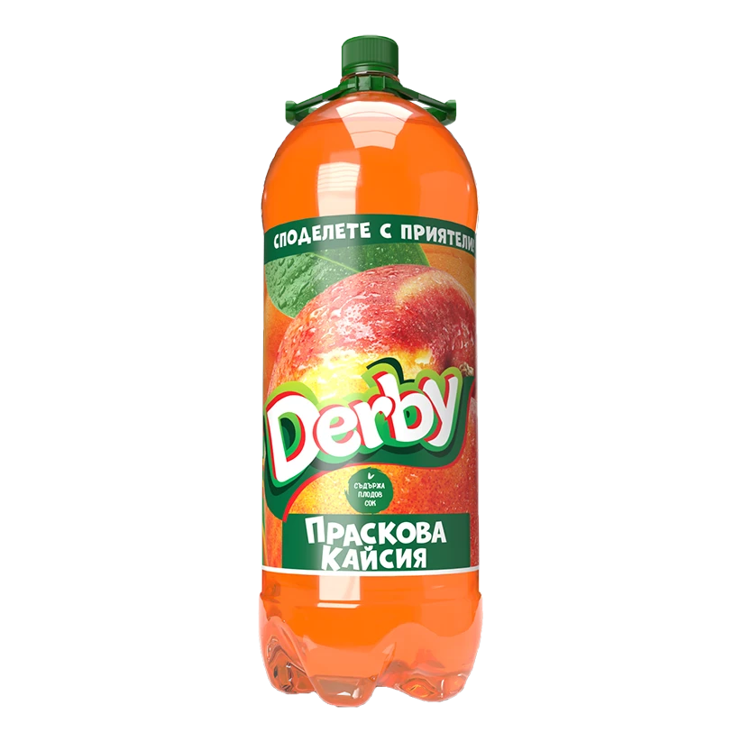 The image shows a large plastic bottle of Derby's peach-apricot flavored juice, filled with an orange liquid. The label features an image of a peach with leaves, and the text Derby in bold white letters with a green border. The background of the label is primarily green, and it includes text in Bulgarian, indicating the flavor of the juice as peach-apricot (Праскова Кайсия). The cap of the bottle is green.