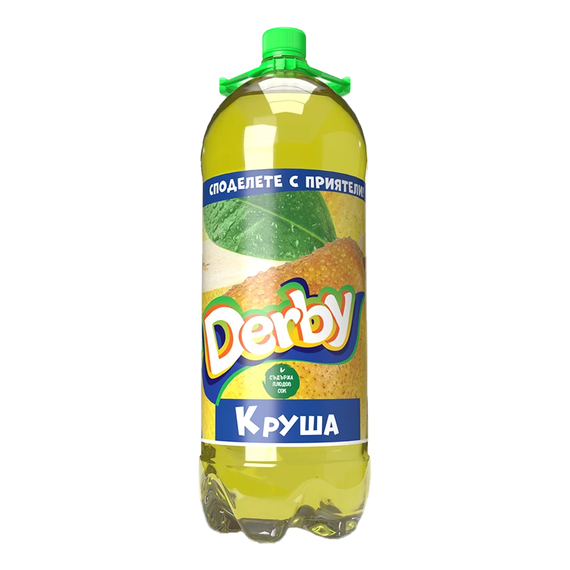 The image shows a plastic bottle of Derby brand pear-flavored soda. It has a green cap and a label with a pear and a leaf image. The dominant colors on the label are blue and green, with Derby written prominently in colorful letters. There is Cyrillic text on the label. The bottle contains a light yellow liquid, indicating the pear flavor.