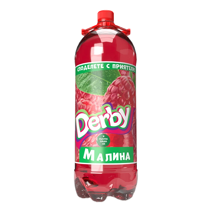 The image shows a plastic bottle of raspberry-flavored drink named Derby. The bottle is predominantly red, matching the color of raspberries. The label features images of raspberries and some green leaves. The word Malina (which means raspberry in Bulgarian) is prominently displayed on the label in white on a green background. The bottle is sealed with a red cap.