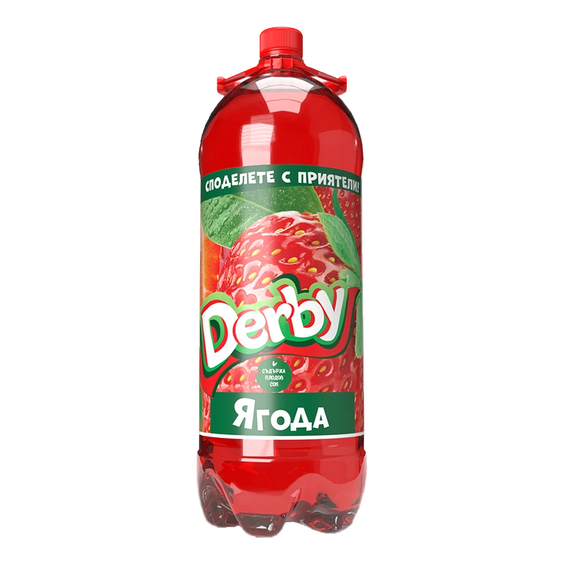 The image shows a red plastic bottle of Derby fruit drink. The label features the word Derby prominently in white and green text, with an image of strawberries and green leaves in the background. There is a green banner around the top, and some text in another language appears near the bottom and top of the label. The bottle has a red cap.