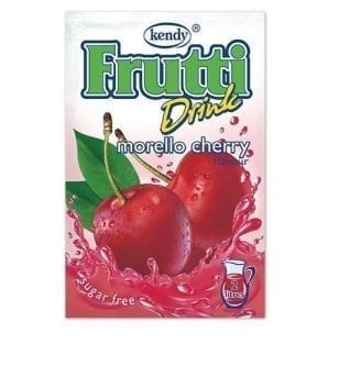 The image shows a packet labeled Frutti Drink with a morello cherry flavor. The packaging features two large cherries with vibrant red color and green leaves, surrounded by splashes of liquid. It mentions that the product is sugar-free and indicates that it makes 2 liters. The brand name kendy is displayed at the top.