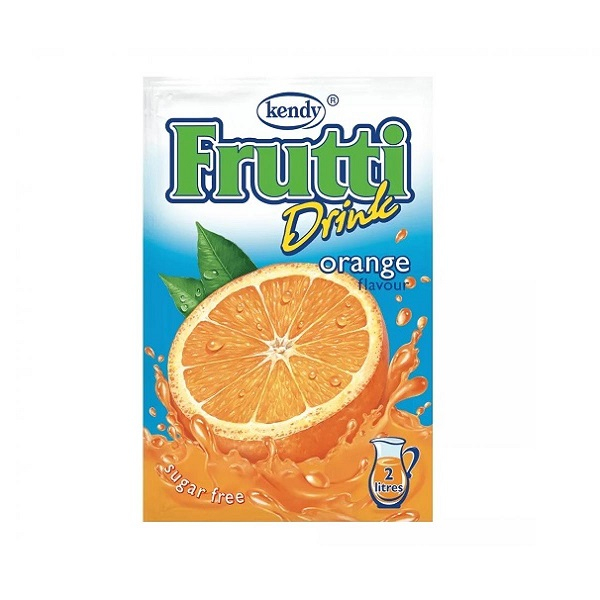 The image is of a product package for Kendy Frutti Drink with an orange flavor. The design features a large image of a sliced orange splashing into orange-colored liquid, conveying a sense of freshness. The text sugar free is visible on the lower left corner, and there is a small icon indicating that the package makes 2 liters of drink. The background is a gradient of blue to orange, enhancing the citrus theme.