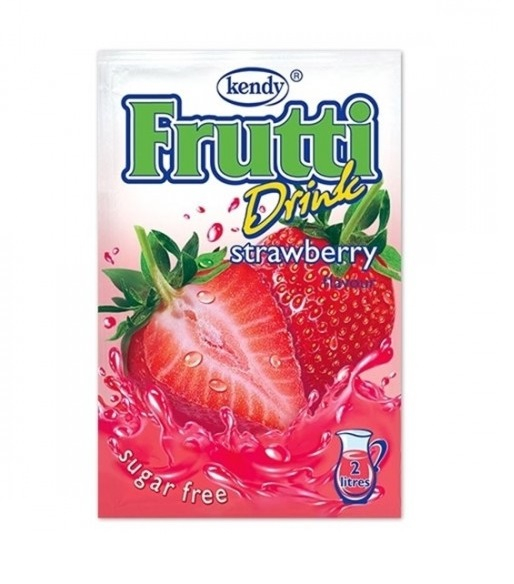 This is an image of a beverage packet labeled Kendy Frutti Drink Strawberry. The design includes a vibrant image of strawberries splashing in a pink liquid. The product is described as sugar free and indicates that it can make 2 litres of drink. The word Frutti is prominently displayed in green and outlined in blue, while the word Drink is in a yellow cursive script.