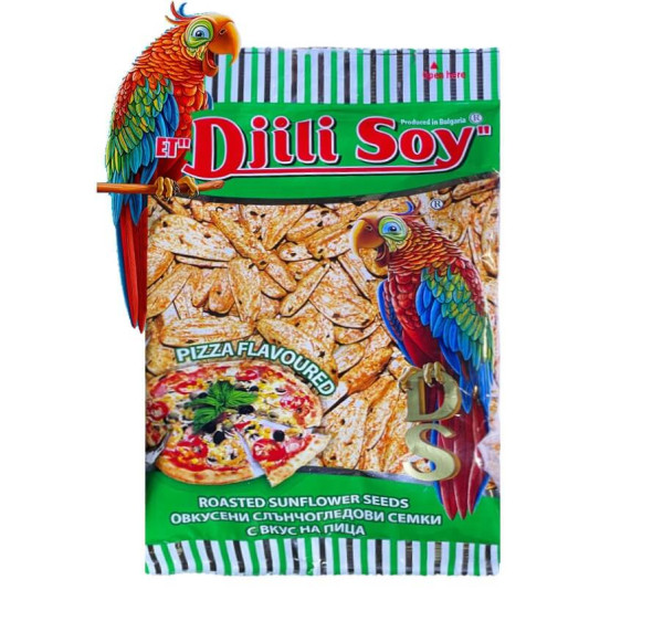 The image shows a package of Djili Soy roasted sunflower seeds with a pizza flavor. The packaging features a colorful parrot design and a picture of a pizza. The background has a green and white striped pattern, and text is written in both English and another language. The package states Produced in Bulgaria.