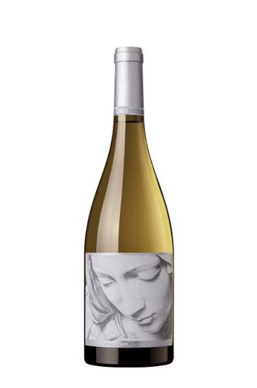 The image shows a tall, narrow bottle of white wine with a silver cap, filled with a light yellow liquid. The label on the bottle features a grayscale artistic depiction of a serene face, with eyes closed, suggesting a sense of calm or introspection. The design is minimalist and elegant.