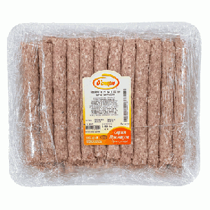 The image shows a plastic-wrapped package containing multiple rows of long, thin meat sticks. There is a label on the front, featuring a logo, text detailing product information, and nutritional facts. The package is transparent, allowing the contents to be clearly visible, and the meat sticks are arranged neatly side by side.