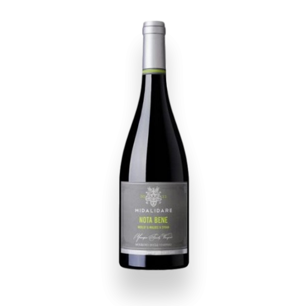 The image shows a bottle of wine with a black body and a silver-colored capsule. The label on the front reads Midalidare Nota Bene in green and white text. The design is elegant, featuring a decorative crest and additional text in smaller fonts toward the bottom of the label. The overall appearance is sophisticated and modern.